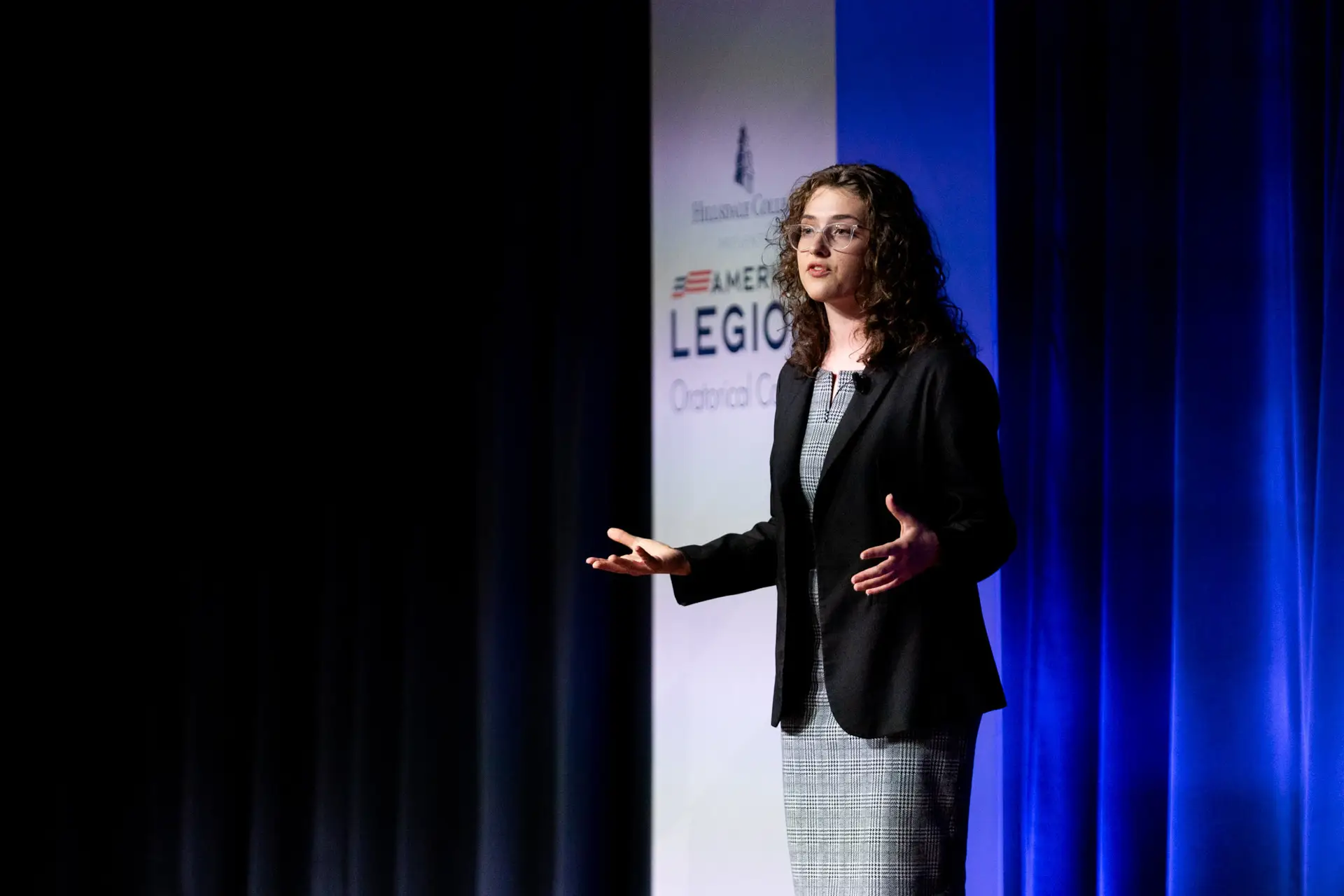 A contestant presenting her speech at the 2025 National Oratorical Contest Finals.