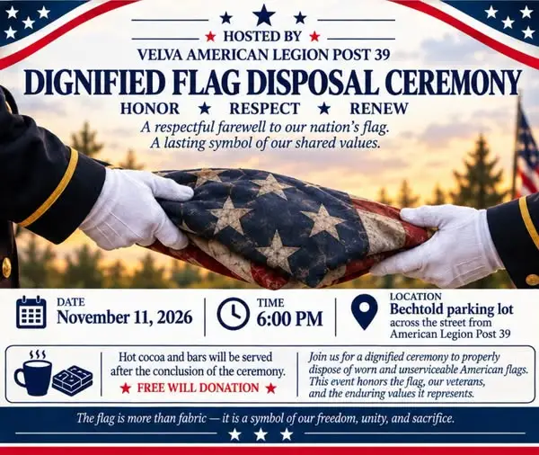 Flyer for the November 11, 2026 dignified flag disposal ceremony hosted by Velva American Legion Post 39.