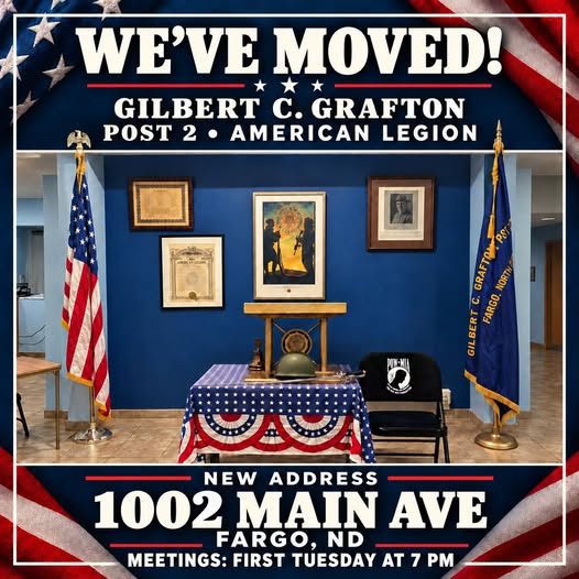 Gilbert C. Grafton American Legion Post 2 relocation announcement with its new address and meeting time.